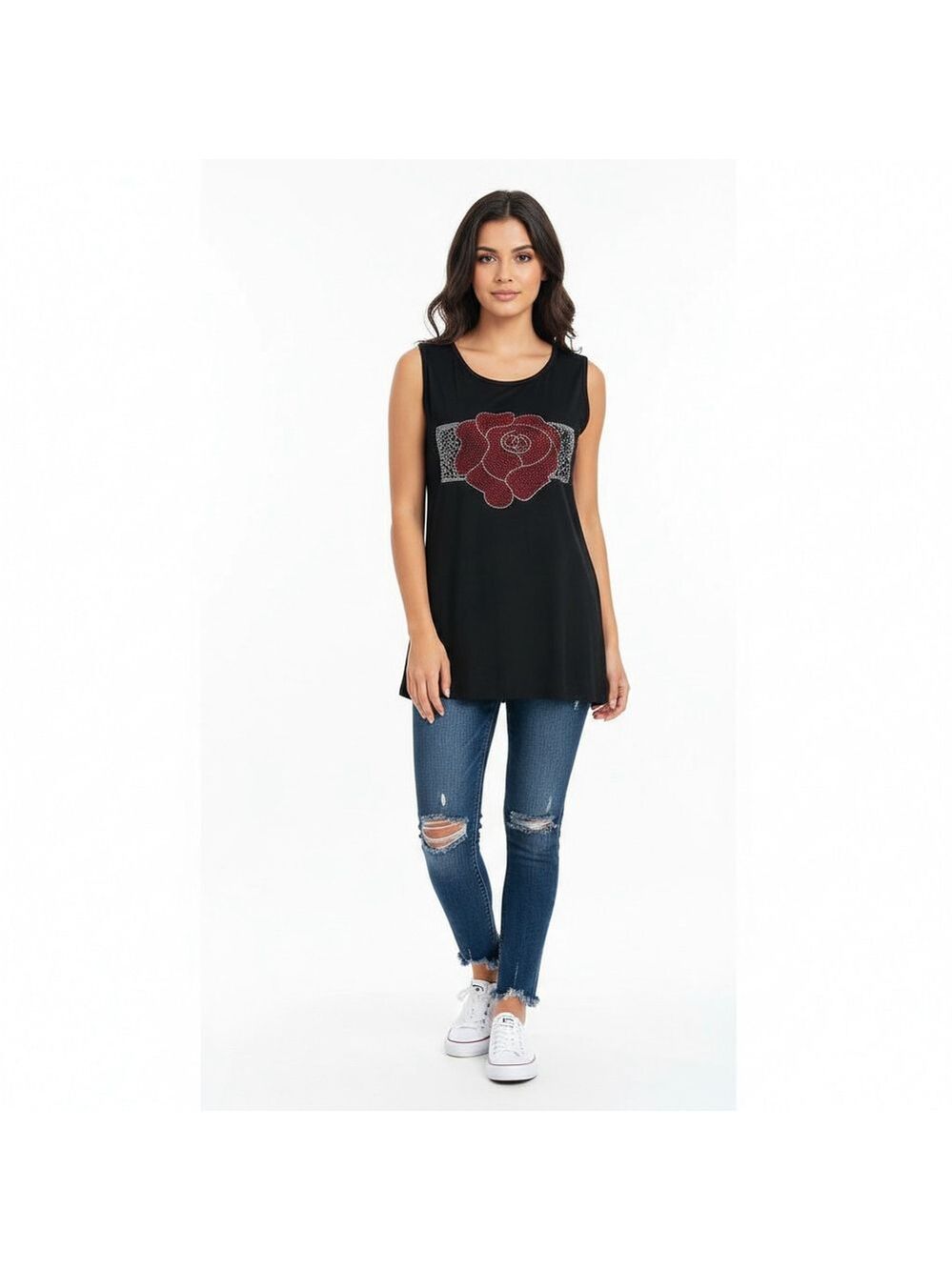 Shiny Black Sleeveless Top or Mini Dress with Red Rhinestone Rose, One Size NWT